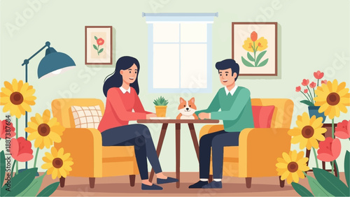 Happy couple and dog enjoy leisure time indoors amidst blooming flowers