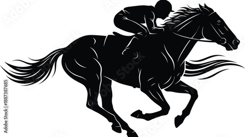 Dynamic black silhouette of jockey riding galloping racehorse illustrating speed motion power equestrian sport competition racing action concept artwork illustration