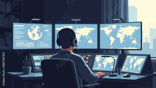 Operator in dark room with multiple monitors showing world maps
