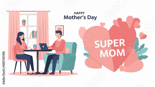 Happy Mother's Day celebration with "Super Mom" theme and loving family scene
