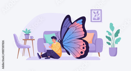 Man with butterfly wings using a tablet in a room