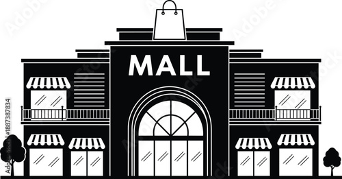 Shopping mall building silhouette with retail stores, storefronts, shopping bag icon, modern commercial center illustration isolated on white background