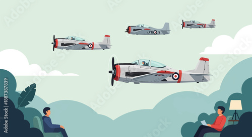 Men watch retro airplanes fly past their peaceful, natural surroundings