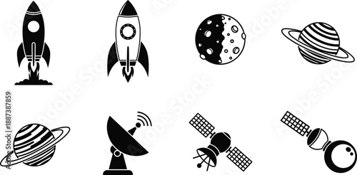 Space exploration icons set with rockets planets satellites and antenna black vector illustration isolated on white background design