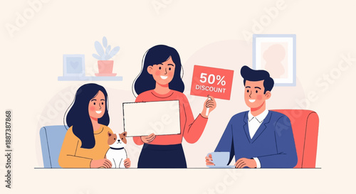 Happy people and a dog in a cozy room, discussing a 50% discount offer