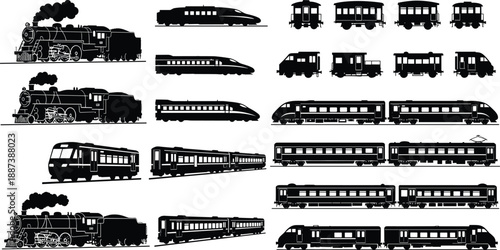 Train silhouette collection featuring steam locomotives, passenger wagons, and modern rail cars isolated on white background for transportation and travel illustration