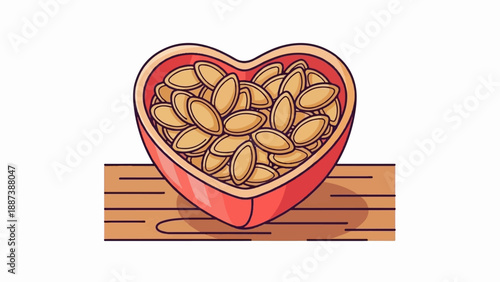 Heart-shaped bowl filled with edible seeds sits on a wooden surface