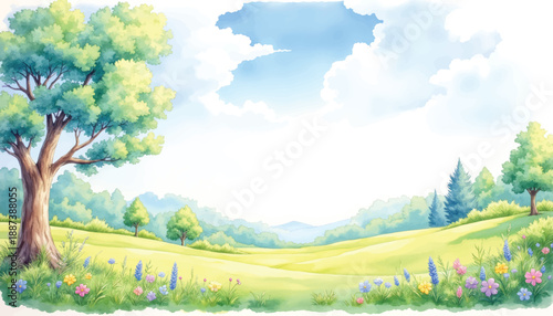 A serene watercolor landscape painting of a lush green meadow with a large tree on the left and rolling hills in the background under a bright blue sky with fluffy clouds.