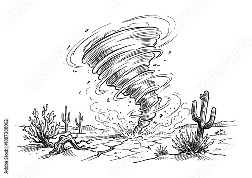 Desert tornado drawing with cracked ground and cacti, black and white sketch illustration, natural disaster scenery.