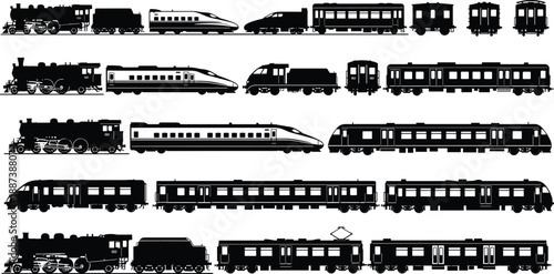 Train silhouette set featuring steam locomotives, modern high speed trains, passenger coaches, and rail cars isolated on white background illustration