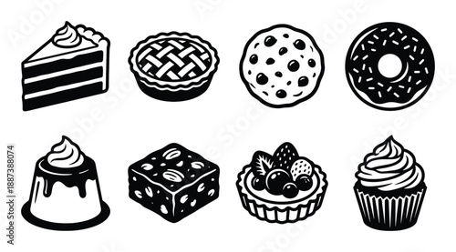Dessert icons set featuring cake, pie, cookie, donut, pudding, brownie, tart, and cupcake, vector illustration