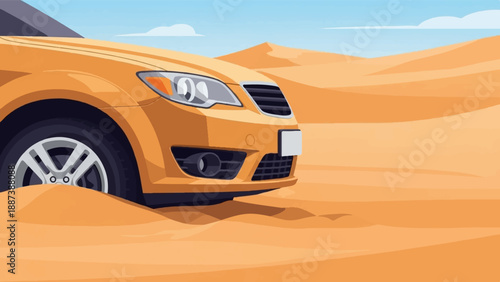 Orange car stuck in desert sand dunes under a bright blue sky