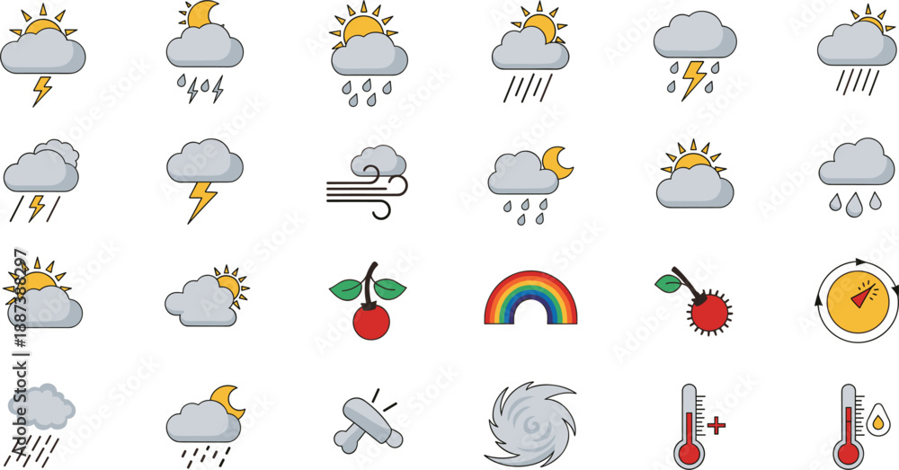Obraz premium Hand drawn weather icon set featuring rainbow clouds sun lightning and storm symbols for creative mobile app interface design.