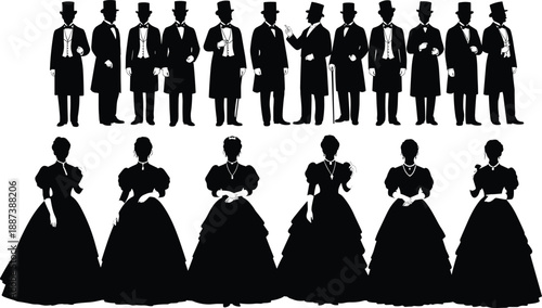 Victorian era men and women silhouettes wearing elegant vintage formal clothing set isolated on white background representing nineteenth century fashion history illustration