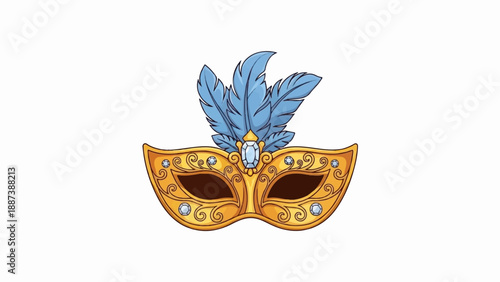 Ornate golden masquerade mask with blue feathers and sparkling gems