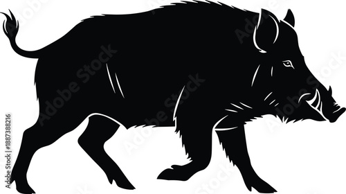 Wild boar silhouette walking in profile isolated on white background, powerful forest animal illustration for hunting, wildlife, and nature design