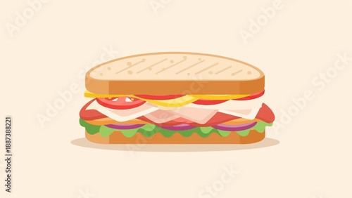 Hearty sandwich stacked with layers of fillings and bread