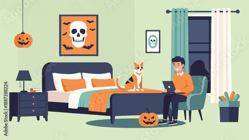 Man with dog in bedroom decorated for Halloween with skulls and pumpkins