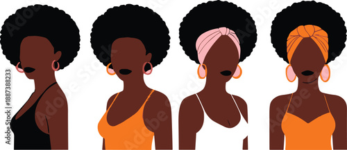 Stylish Afro Woman Portrait Set with Headwraps, Natural Hair and Modern Flat Female Fashion Illustration Vector Art