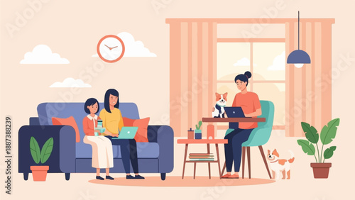 People and pets work and relax in a cozy indoor setting