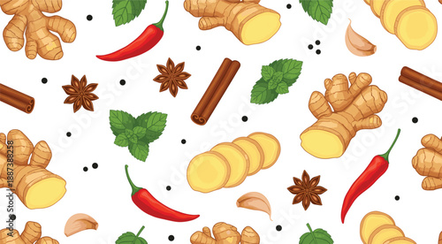 Seamless spice and herb pattern vector with ginger chili cinnamon star anise garlic mint and pepper elements