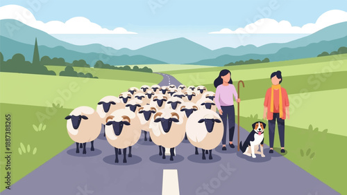 Herders guide flock of sheep and dog along a winding road through green hills