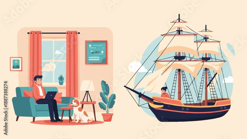 Man with dog inside, and a sailing ship on the water