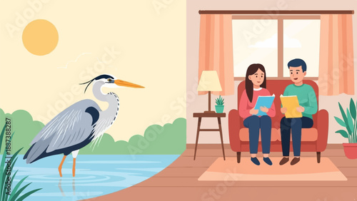 Heron stands in water near shore; couple reads indoors on sofa