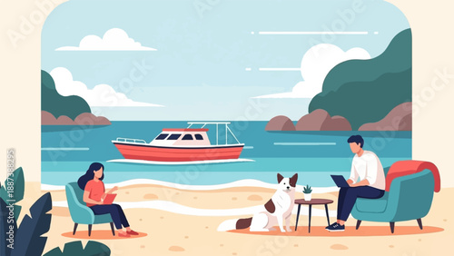 People and dog enjoying beach vacation by boat in tranquil ocean view