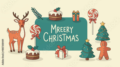 Merry Christmas greeting with festive illustrations of reindeer, gifts, cakes, candy