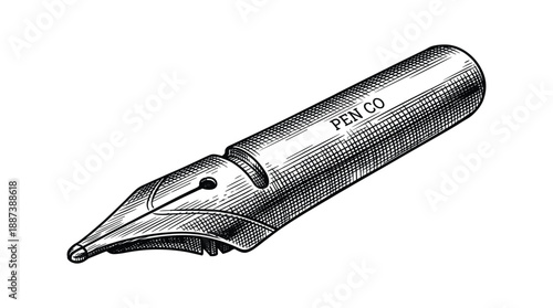 Detailed ink drawing of antique pen with 'PEN CO' text, black and white illustration