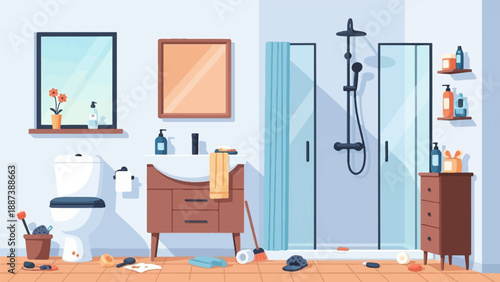 Messy bathroom with scattered items, a toilet, sink, and shower stall