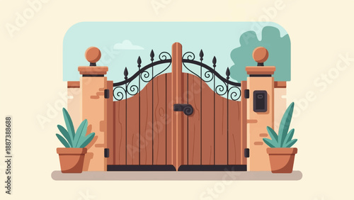 Ornate wooden gate with brick pillars and potted plants