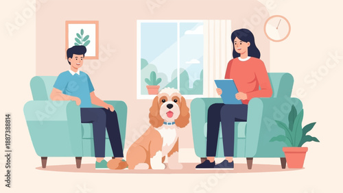 People and dog in cozy living room, one holding tablet, other relaxed