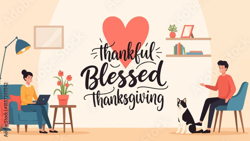 Home scene with people, dog, and Thanksgiving wishes