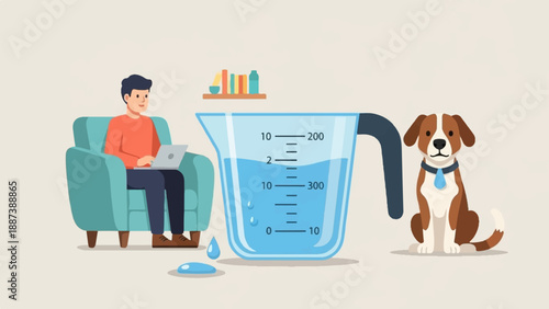 Man working on laptop next to dog and measuring cup