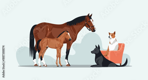 Horse and colt stand near two dogs on a light blue background