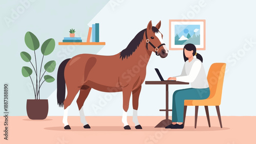 Horse and person working on a laptop at home