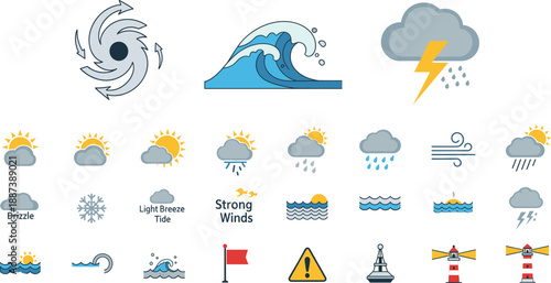 Maritime weather vector icons featuring lighthouses storm surges giant waves hurricane swirls and coastal warning flags for navigation.