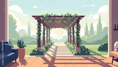 Outdoor arbor with a pathway leading to a sunlit garden, seen from indoors