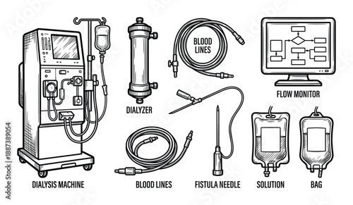 Dialysis machine and accessories vector illustration: Dialyzer, monitor, blood lines, fistula needle, solution and bag.