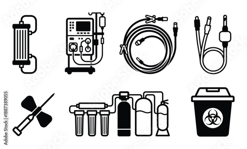 Dialysis equipment vector illustration, dialysis machine, blood lines, AV fistula needle, RO machine, biohazard bin icon.