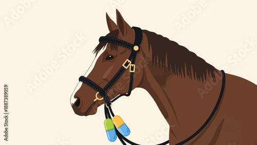 Horse wearing a bridle with two hanging colorful pills