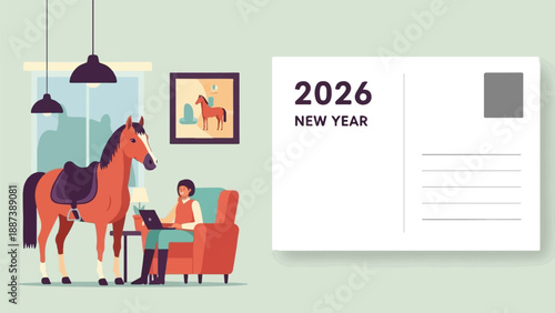 Horse in living room with person on laptop, 2026 New Year postcard