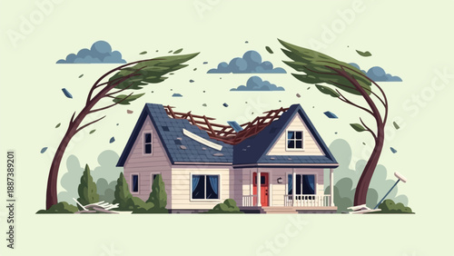 House damaged by strong winds with broken roof and bent trees