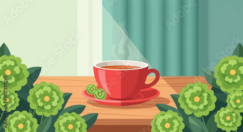 Hot red cup of tea on wooden table with green flowers and soft curtains