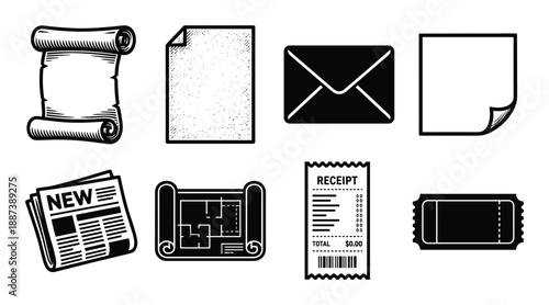 Documents and bills vector illustration. Paper sheet, scroll, envelope, newspaper, blueprint, receipt, and ticket.