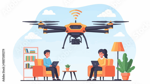 People at home operating a drone via laptops under a clear sky