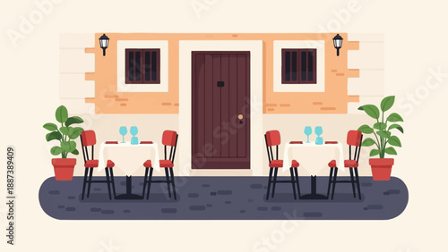 Outdoor restaurant seating with tables, chairs, plants, and a building facade