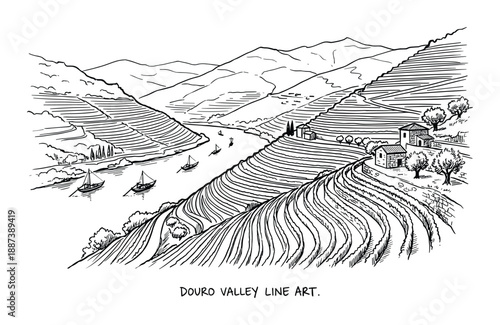 Douro Valley Landscape Line Art with Terraced Vineyards and River Scene, Black and White Rural Scenery Illustration